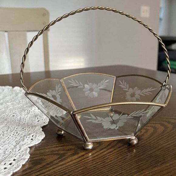 Vintage Brass Etched Glass Basket with Patina and Handle - Picture 1 of 8